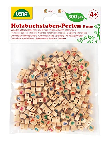 Lena 32051 Bastelset Buchstabenperlen aus Holz, 300 runden Fädelperlen und mit bunten Buchstaben, Holzperlen Set für Kinder ab 3 Jahre, zum selber basteln von Perlen Schmuck, Natur Braun von Lena