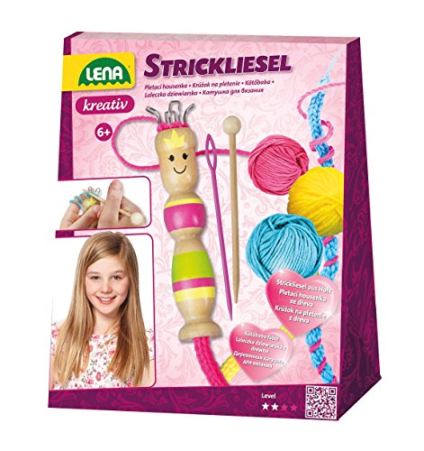 Lena 42375 Bastelset Strickliesel, Komplettset mit Liesel und Strickhaken aus Holz, Stricknadel und Garn in 3 Farben je 15 m, Strickset für Kinder ab 6 Jahre, Starter Set zum Stricken Lernen, Rosa, Mittel von Lena