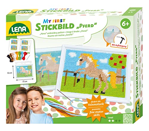 Lena 42625 - Bastelset Stickbild Pferd, Komplettset mit Stickrahmen, stumpfer Nadel aus Metall, Wollgarn, Stickgitter mit Vordruck und Anleitung, Stickset für Kinder ab 6 Jahre, Set zum Sticken lernen, Mittel von Lena