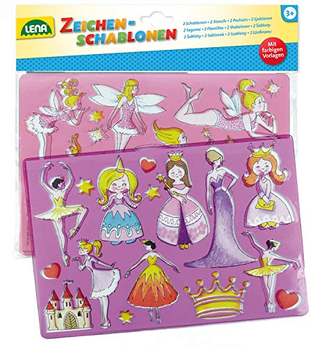 Lena 65766, 2er Zeichenschablonen Set Prinzessinnen und Elfen, 2 Schablonen mit Motiven und Farbvorlagen zu Märchenprinzessinnen und Feen, Malschablonen je ca. 26 x 19 cm, Malset für Kinder ab 3 Jahre von Lena