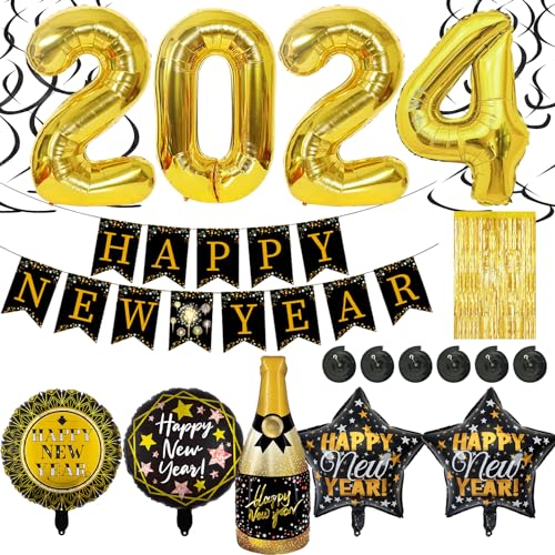 Silvester Deko 2024 Dekoration Set, 17 Stück Silvesterdekoration, Black Gold New Year Decoration, Happy New Year Deko Banner, Silvester Party Aluminium Folienballon Dekoration Accessoires (B) von Leonshco