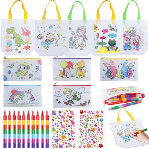 22 Stück Taschen zum Bemalen für Kinder, Stoffbeutel zum Bemalen Kindergeburtstag mit Reißverschluss, mit 10 Farben Stifts & 2 Diamantaufkleber, Perfect für Partys, Schule & Reise, Geschenkidee von Leonshco