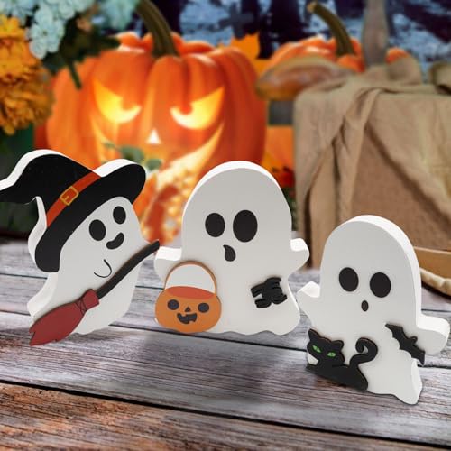 3 Stück Halloween Geister Figuren Dekoration, Halloween Deko Innen Spukdekoration, Einzigartliche Halloween Ghost Katze Fledermaus aus Holz, für Halloween-Partys, Tischdekoration, Innendekoration von Leonshco