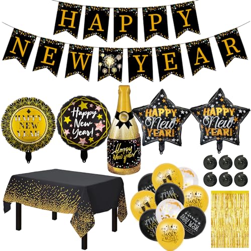 Silvester Deko 2024 Dekoration Set, 34 Stück Silvesterdekoration, Black Gold New Year Decoration, Happy New Year Deko Banner, Silvester Party Aluminium Folienballon Dekoration Accessoires (A) von Leonshco