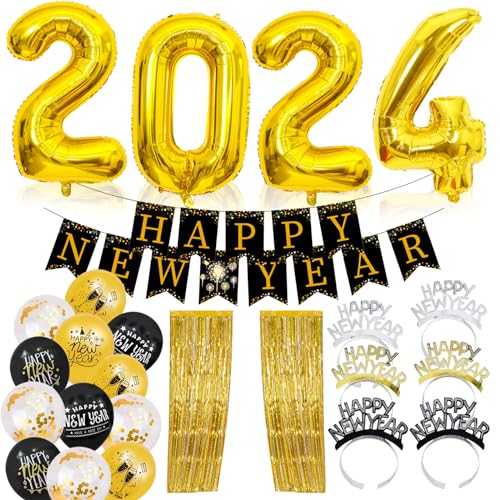 Silvester Deko 2024 Set, 33 Stück Happy New Year Decoration Zubehör, Silvesterdeko, Happy New Year Girlande mit Goldenem Folienvorhang/Schwarzen Goldenen Luftballons/Party Deko Haarreif usw (A) von Leonshco