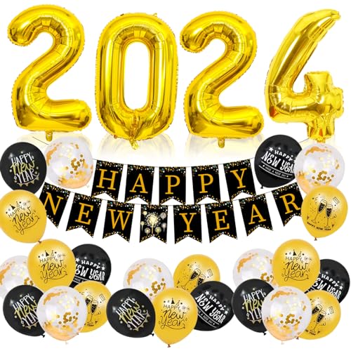 Silvester Deko 2024 Set, 27 Stück Happy New Year Decoration Zubehör, Silvesterdeko, Happy New Year Girlande mit Goldenem Folienvorhang/Schwarzen Goldenen Luftballons/Party Deko Haarreif usw (C) von Leonshco