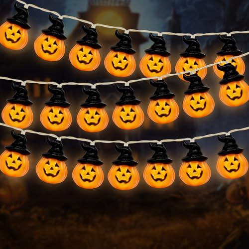 Halloween Lichterkette Batterie, Halloween Kürbis Deko Lichterkette, 3m 20 LED Halloween Dekoration, Wasserdichte Bat-Hut-Kürbis-Lichterkette, Warmweiß Licht für Kinderparty, Indoor & Outdoor, Festen von Leonshco