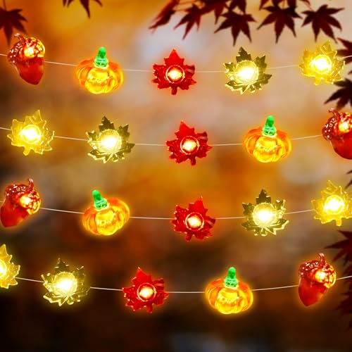 Leonshco Herbstdeko Lichterkette, 3D Herbst Ahornblatt Lichterketten mit Kürbis Eichel, 300cm 30 LED Batteriebetrieben - Perfekte Outdoor & Indoor Dekoration für Halloween Erntedankfest Weihnachten von Leonshco