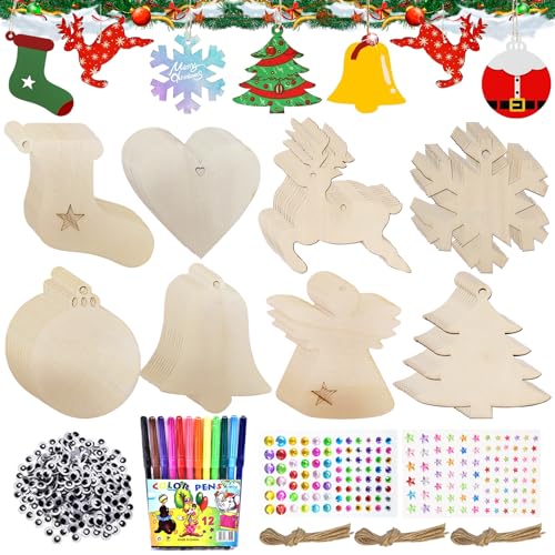 Holzanhänger zum Bemalen Weihnachten, 224 Stück Holz Basteln Kinder Weihnachten, Bastelset Weihnachten, Tannenbaumschmuck Holzfiguren zum Bemalen Weihnachten Kinder, Baumschmuck Weihnachtsanhänger von Leonshco