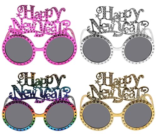 Silvester Deko, 4 Stück Happy New Year-Glitzer-Partybrillen, Lustige Party Brille, Silvester Party-New Year Decoration-Brille für Silvester-Party-Zubehör, Silvester Foto Requisiten, Party-Geschenke von Leonshco