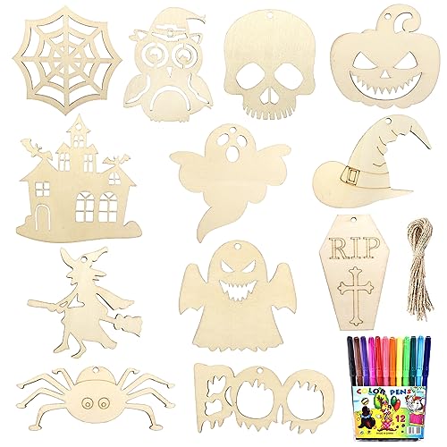 Leonshco 60 PCS Halloween Deko Bastelset Kinder Holz Kürbis Bastelset Unbehandeltes Kindergeburtstag Basteln Kinder Holzanhänger Zum Bemalen mit Einem Farbstift Halloween DIY Handwerk von Leonshco