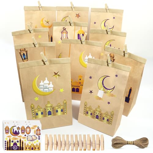 Leonshco 30 Stück Eid Mubarak Tüten, DIY Ramadan Kalender zum Befüllen, Ramadan Adventskalender Kraftpapiertüten mit Kalender Sticker/Clips/Juteseil, Wiederverwendbar für Ramadan Dekoration (A) von Leonshco