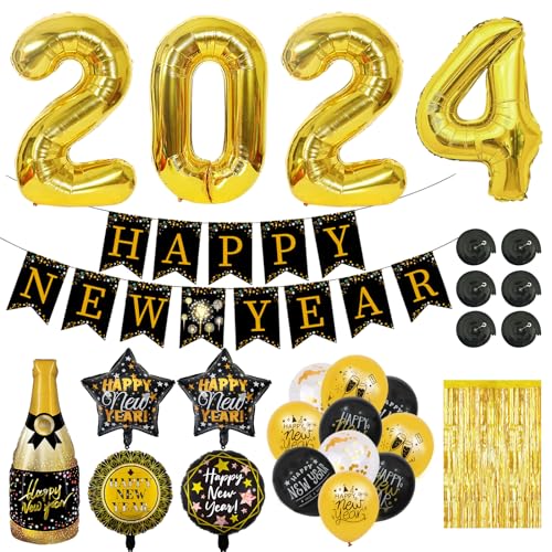 Silvester Deko 2024 Dekoration Set, 37 Stück Silvesterdekoration, Black Gold New Year Decoration, Happy New Year Deko Banner, Silvester Party Aluminium Folienballon Dekoration Accessoires (D) von Leonshco