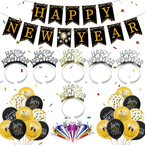 Silvester Deko 2024 Dekoration Set, 37 Stück Silvesterdekoration, Black Gold New Year Decoration, Happy New Year Deko Banner, Silvester Party Aluminium Folienballon Dekoration Accessoires (D) von Leonshco