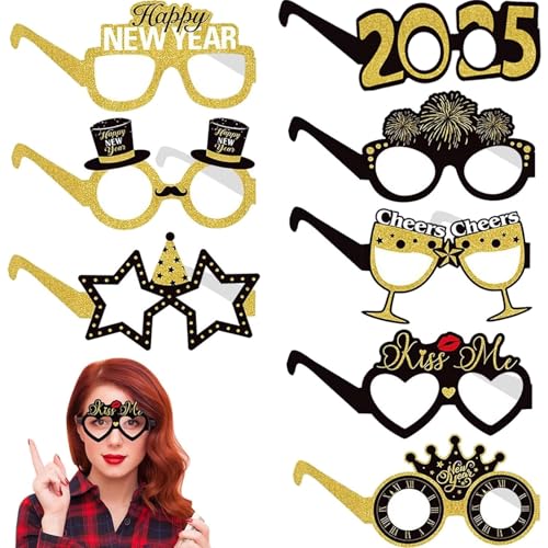 Silvester Deko 2025, 8 Stück Happy New Year Partybrille, Glitter Papier-3D-Party Brille, Lustige New Year Decoration Partybrillen, Geeignet für Silvester-Partyzubehör, Foto-Requisiten, Partygeschenke von Leonshco