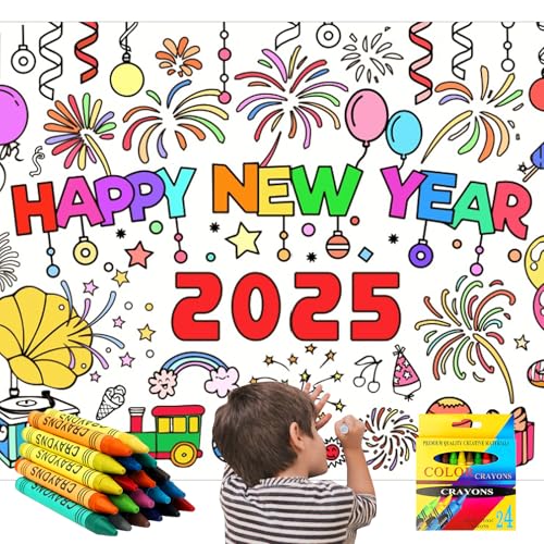 Silvesterdeko Ausmaltischdecke Kinder - Happy New Year 2025 Silvester Tischdecke, 183 X 76 cm, Wasserfeste Tischdecke zum Ausmalen Kinder mit 24 Farbstiftenfür Neujahrspartys, Tischdekorationen von Leonshco