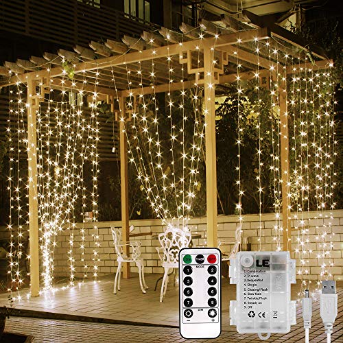 Lepro Lichtervorhang 3 * 3m, USB Lichterketten Vorhang 300 LEDs Warmweiß, 8 Modi Dimmbare Kupferdraht, Lichterkette Batterie für Außen Innen Deko Schlafzimmer, Partydekoration, Weihnachten, Hochzeit von Lepro