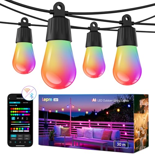 Lepro ZB1 AI LED Lichterkette Außen, RGB+Warmweiß Smarte LED WLAN RGB Glühbirnen,App-Steuerung,Funktioniert mit Alexa&Google,IP65 wasserfest,AI Generated Lighting LLM,ohne Fernbedienung,30 LEDs 30m von Lepro