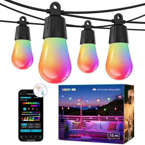 Lepro ZB1 AI LED Lichterkette Außen 15m, RGB+Warmweiß Smarte LED S14 WLAN Glühbirnen,App-Steuerung,Funktioniert mit Alexa&Google,IP65 wasserfest,KI-Lichtdesign-Assistent,ohne Fernbedienung, 15 LEDs von Lepro