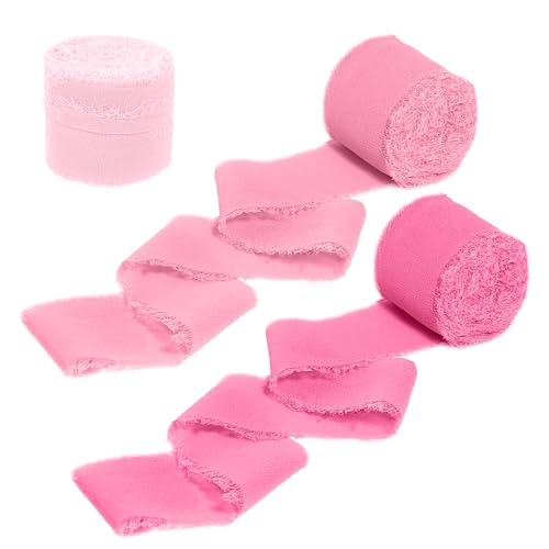 Pinkes Chiffonband, 3,8 cm x 20,8 m, Fransenband mit Fransen und Seidenband für Geschenkverpackungen, 3 Rollen, rosa, Hot Pink, Pastek Pink, Blumenband, handgefertigte Bänder für Blumenvasen, von Lerdrtuin