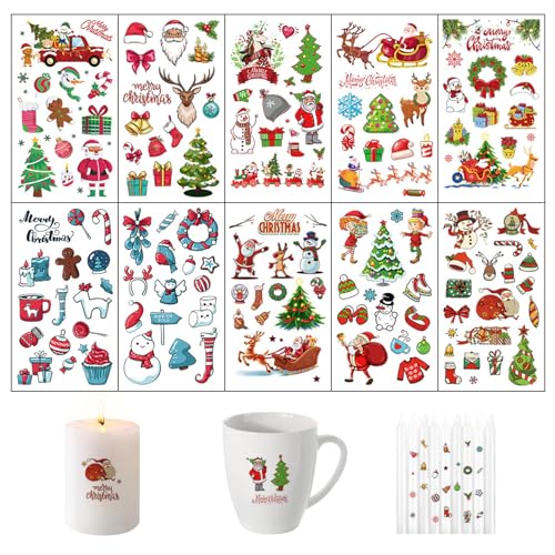 10 Stück Kerzentattoos Weihnachten, Kerzen Sticker Weihnachten, Wasserschiebefolie Kerzen Tattoo Wassertransferdruck, DIY Kerzentatoo Weihnachten für Kerzen, Tasse, DIY Geschenk, Kerzen Dekorieren von Lergas