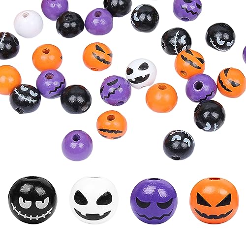 120 Stück Halloween Holzperlen mit Loch, Halloween Deko Muster Bunt Holzperlen zum Auffädeln, 4 Stile Halloween Holzperlen 20mm/16mm für DIY Basteln Handwerk Charm, Schmuckherstellung Zubehör (B) von Lergas