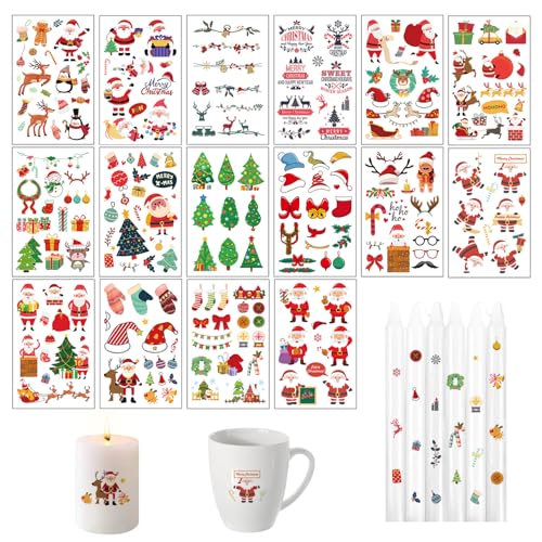 16 Stück Kerzentattoos Weihnachten, Kerzen Sticker Weihnachten, Wasserschiebefolie Kerzen Tattoo Weihnachten, DIY Kerzentatoo Weihnachten für Kerzen, Tasse, DIY Geschenk, Kerzen Dekorieren (A) von Lergas