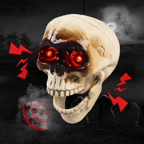 Halloween Deko Animiert Hängende Totenkopf, Halloween Animatronic Totenkopf Kopf mit Leuchtende Augen und Gruseligem Klang, Hängende Gruselig Totenkopf für Halloween Deko Outdoor, Party Deko (B) von Lergas