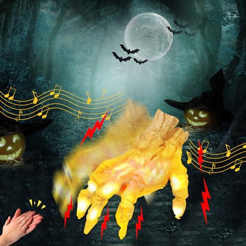 Halloween Deko Animiert Skelett Hand, Halloween Animatronic Kriechende Skelett Hand mit LED Licht, Leuchtende Kriechende Skelett Hand Sprachgesteuerte für Halloween Dekoration, Party Deko (A) von Lergas