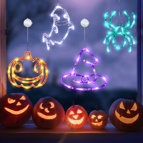 Halloween Deko Fenster Lichter, Halloween Lichterkette mit Saugnäpfe & Haken, Halloween LED Fensterlichter Batteriebetriebene für Halloween Deko Innen, Halloween Fensterdeko, Party Deko (4er Set) von Lergas