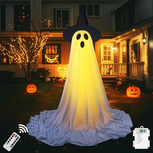 Halloween Deko Geist, Halloween Geist Deko mit LED Lichterkette, 210 cm Stehende Geist mit Timer Fernbedienung, Leuchtende Geister mit Hexenhut für Halloween Deko Outdoor, Vorgarten, Garten Deko (x 1) von Lergas