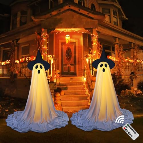 Halloween Deko Geist, Halloween Geist Deko mit LED Lichterkette, 210 cm Stehende Geist mit Timer Fernbedienung, Leuchtende Geister mit Hexenhut für Halloween Deko Outdoor, Vorgarten, Garten Deko (x 2) von Lergas