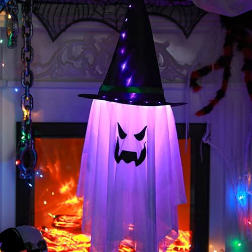 Halloween Deko Geist Leuchtend, Halloween Hängende Geister mit Licht, Halloween Deko Leuchtend Geister mit Hexenhut, 105cm Geister Deko für Halloween Dekoration, Party Deko, Garten Deko (Lila) von Lergas