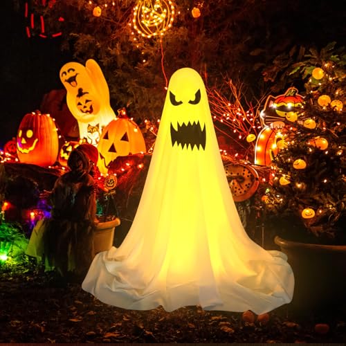 Halloween Deko Geist Leuchtend, Halloween Stehende Geister Deko mit Licht, Halloween Deko Leuchtend Geister Batteriebetrieben für Halloween Dekoration, Party Deko, Garten Deko (Klein) von Lergas