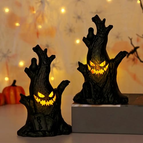 Halloween Deko Geister Baumstumpf mit LED Licht, 2 Stück Halloween Geister Baumstumpf Figuren Leuchtende, Halloween LED Geister Baumstumpf Batteriebetriebene für Halloween Dekoration, Party Deko (x 2) von Lergas