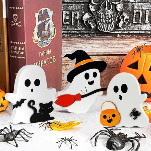 Halloween Deko Geister Tischschilder, 3 Stück Halloween Geister Holzschilder, Holz Niedliche Geister Tischschild für Halloween Tablett Dekoration, Halloween Tischdeko, Halloween Party Deko von Lergas