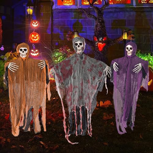 Halloween Deko Hängende Skelett Geister, 3 Stück Halloween Deko Outdoor Skelett Geister mit Erdspieß, Halloween Deko Gruselig Hängende Skelett Geist für Halloween Deko Innen, Outdoor, Garten, Party von Lergas