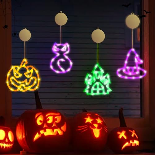 Halloween Deko Lichterkette, Halloween Fensterlichter mit Saugnapf, Halloween Licht Batteriebetriebene LED Kürbis Hexenhut Deko Hängend für Fensterdeko, Halloween Dekoration, Party Deko (4 Stück) von Lergas