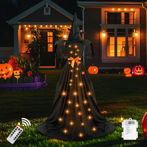 Halloween Deko Outdoor, 210 cm Hoch Stehend Hexe Halloween Deko mit Lichterkette, Leuchtende Halloween Deko Hexe Batteriebetrieben für Halloween Deko Garten, Rasen, Vorgarten (mit Fernbedienung) von Lergas