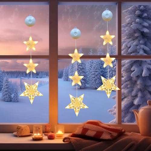 LED Sterne Weihnachtsbeleuchtung, 3 Stück LED Weihnachtsdeko Innen, Fensterdeko Weihnachten mit Saugnäpfe, Warmweiß Batteriebetrieben Fensterbeleuchtung Weihnachten für Weihnachtsdeko Party Deko (C) von Lergas