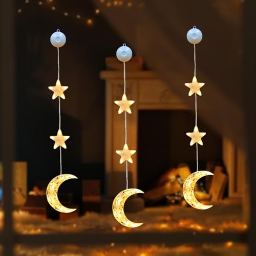 Ramadan Deko Lichter Fenster, Stern Mond Beleuchtet Fensterdeko Hängend, Warmweiß Ramadan Lichterkette mit Saugnapf, Batteriebetrieben Ramadan Fensterdeko Licht für Ramadan Mubarak Dekoration (D) von Lergas