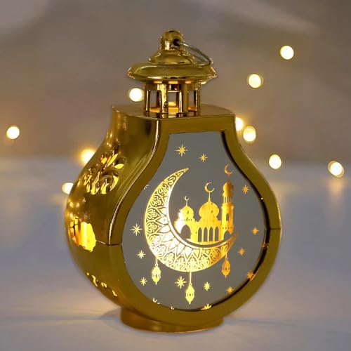 Ramadan Deko Laterne, Ramadan Dekoration Lampe, LED Hängend Eid Mubarak Dekoration Laterne, Muslim Islam Ramadan Lichter, Islam Deko Lampe Batteriebetrieben für Ramadan Mubarak Dekoration (Gold) von Lergas