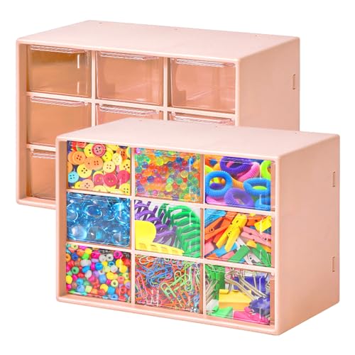 2 Stück Bastelbox Aufbewahrung Schublade, Aufbewahrung mit 9 Schubladen 3 Stöckige Sortierboxen für Kleinteile Schubladen Schubladenbox Kunststoff, für Schminktisch, Kommode, Badezimmer, Büro (Rosa) von Les-Theresa