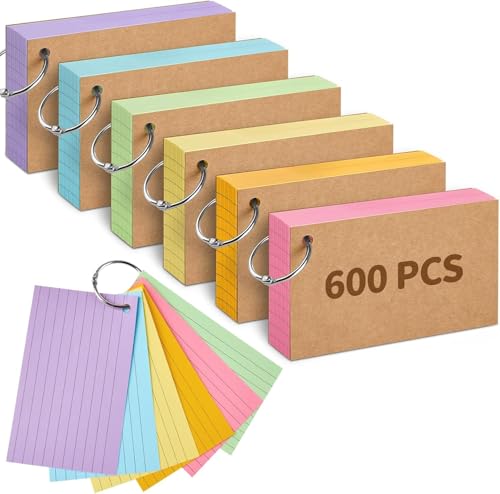 600 Blätter A8 Linierte Karteikarten, 150g/m² Bunte Lernkarten und Vokabelkarten Flashcards mit Ring, praktischen Lernbox für Unterwegs Vokabel Lernen(6 Farben) von Leslady