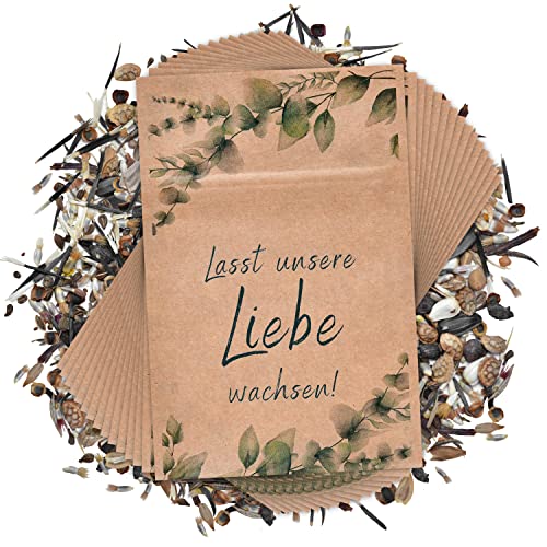 Let's Bride - Blumensamen Gastgeschenke Hochzeit [15er/50er Set mit Kraftpapier Tüten] Lasst unsere Liebe wachsen - Gastgeschenke Kommunion | Taufe Deko Babyparty Give Away Bienenwiese MADE IN GERMANY von Let's Bride