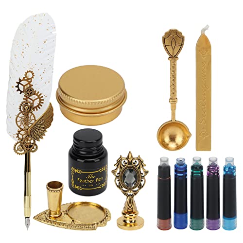 LetCart Federstift-Set, Federstift-Set, europäischer Retro-Stil, Feuerlack-Stempel, Federhalter mit Tintenbeutel, Edelstahl-Tauchstift, Glasfüllhalter, Kalligraphie-Füllfederhalter, Streugold, Weiß von LetCart