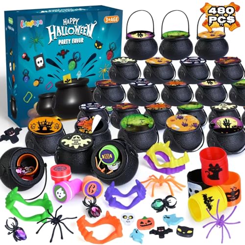 Letapapa 480 Stück Halloween-Partygeschenke für Kinder, 60 Stück, vorgefüllt, kleiner Kunststoff-Hexenkessel mit sortiertem Halloween-Spielzeug in Großpackung, Miniaturen für Kinder, Süßes oder von Letapapa