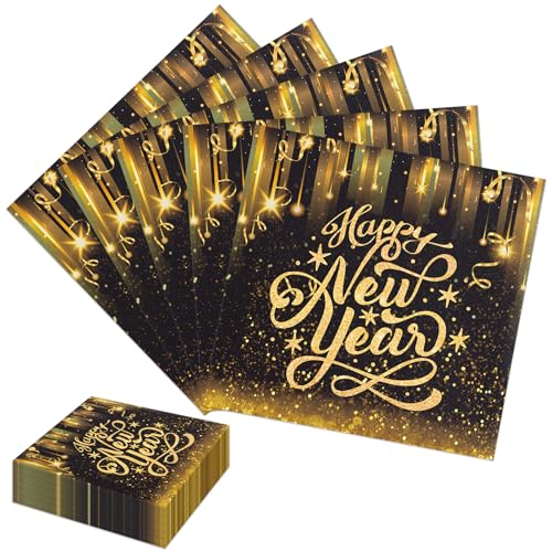 Lets Joy 100 Stück Happy New Year Servietten, 33 x 33 cm Neujahr Papierservietten, Servietten Schwarz Gold für Party, Silvester Servietten Tischdeko, Weihnachten Silvester Party Dekoration 2024 von Lets Joy