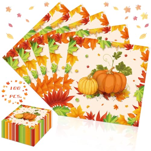 Lets Joy 100 Stücke Servietten Herbst, 33x33cm Herbst Papierservietten, Papierservietten Herbstlich als Tischdeko Herbst, Herbstmotiv Servietten, Thanksgiving Party Tischdekoration von Lets Joy