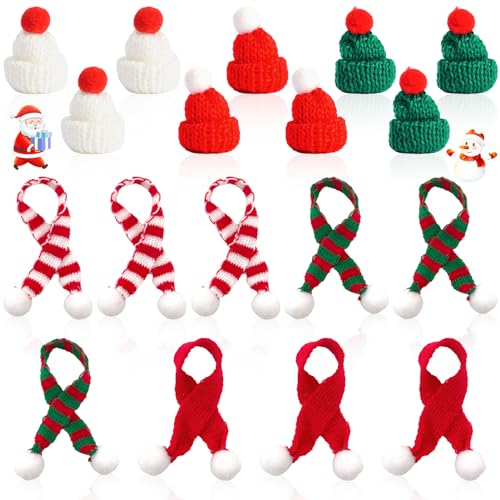 Lets Joy 18 Stück Mini Weihnachtsmütze und Schal Set, Mini Weihnachtsmütze, Weihnachten Mini Strick Schal, Mini Strickmütze des Weihnachten, Weihnachten DIY Basteln Puppenhaus Flaschen Dekoration von Lets Joy